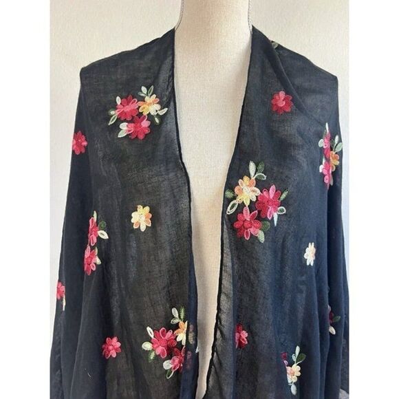 Harve Benard Black Boho Floral Embroidered Lightweight Shawl Wrap Kimono OS - Picture 7 of 8